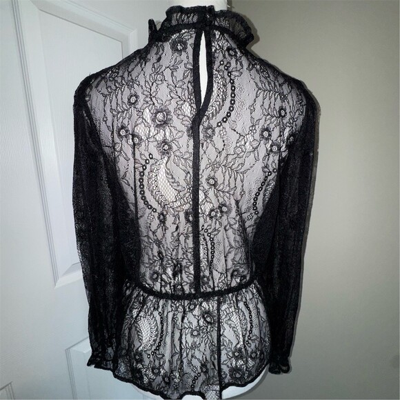 Banana Republic Blouse Womens M Petite Black Sheer Floral Lace High Neck Goth - Picture 4 of 12